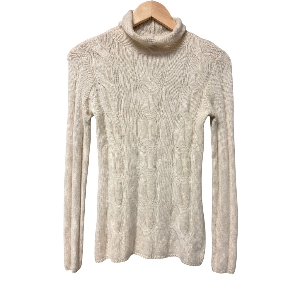 J.McLaughlin Turtleneck Wool Cashmere Sweater Womens M Cream Cable Knit Classic